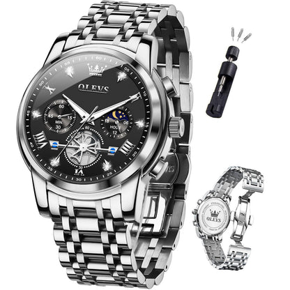 HOTOLEVS Mens Watches Chronograph Watch Luxury Dress Stainless Steel Waterproof Watches for Men Moon Phase Luminous Business Calendar Wrist Watch Blue/Black/Green/Gold/Face