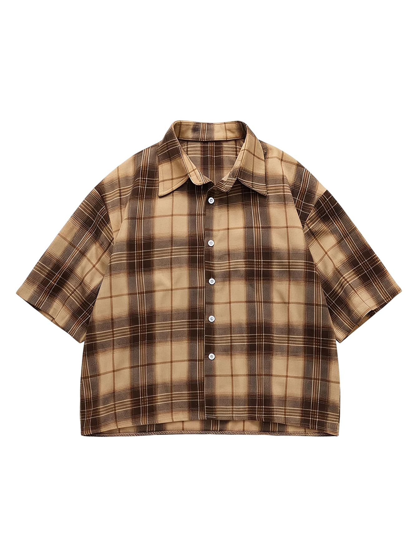HOTGORGLITTER Men's Striped Button Down Up Cropped T Shirt Short Sleeve Letter Summer Vacation Shirts Boxy Tees Streetwear | Vintage Gingham Shirt, Drop Shoulder Crop Top, Y2K Streetwear, Summer Vacation Clothes