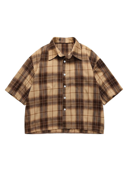 HOTGORGLITTER Men's Striped Button Down Up Cropped T Shirt Short Sleeve Letter Summer Vacation Shirts Boxy Tees Streetwear | Vintage Gingham Shirt, Drop Shoulder Crop Top, Y2K Streetwear, Summer Vacation Clothes