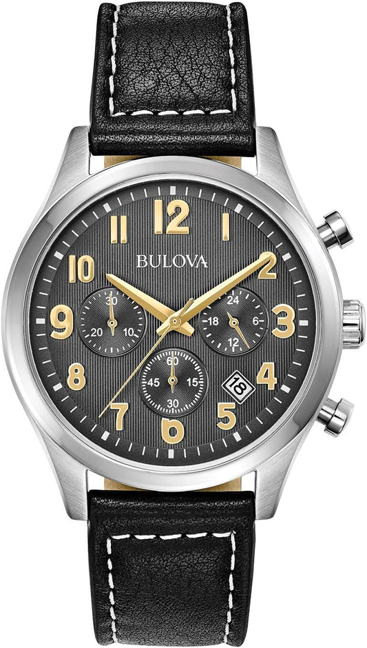 HOTBulova Men's Classic Stainless Steel 6-Hand Chronograph Quartz Leather Strap Watch with Grey Dial, Gold Accents, Arabic Markers, 41mm
