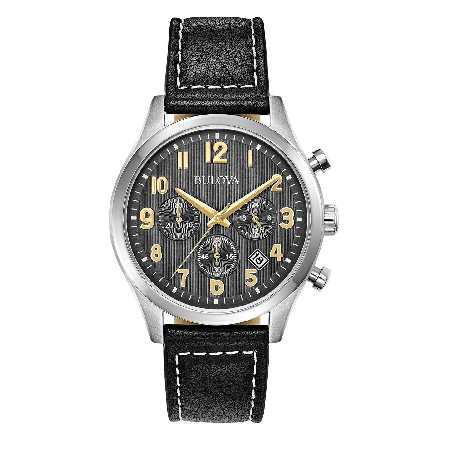 HOTBulova Men's Classic Stainless Steel 6-Hand Chronograph Quartz Leather Strap Watch with Grey Dial, Gold Accents, Arabic Markers, 41mm