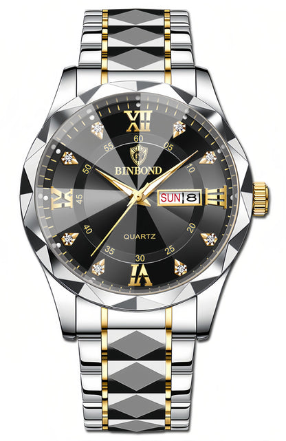 HOTGosasa Luxury Men's and Women's Business Diamond Stainless Steel Waterproof Roman Numeral Analog Quartz Watch with Day-Date Calendar, Gold and Silver Tone