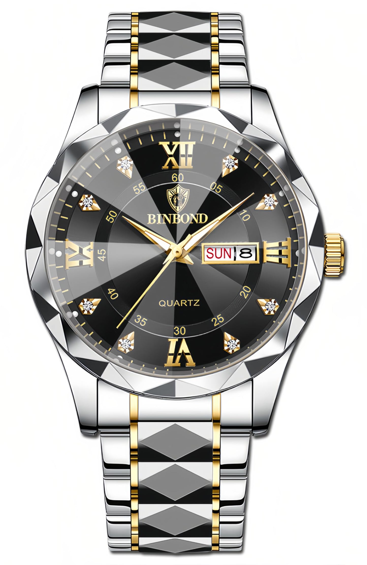 HOTGosasa Luxury Men's and Women's Business Diamond Stainless Steel Waterproof Roman Numeral Analog Quartz Watch with Day-Date Calendar, Gold and Silver Tone