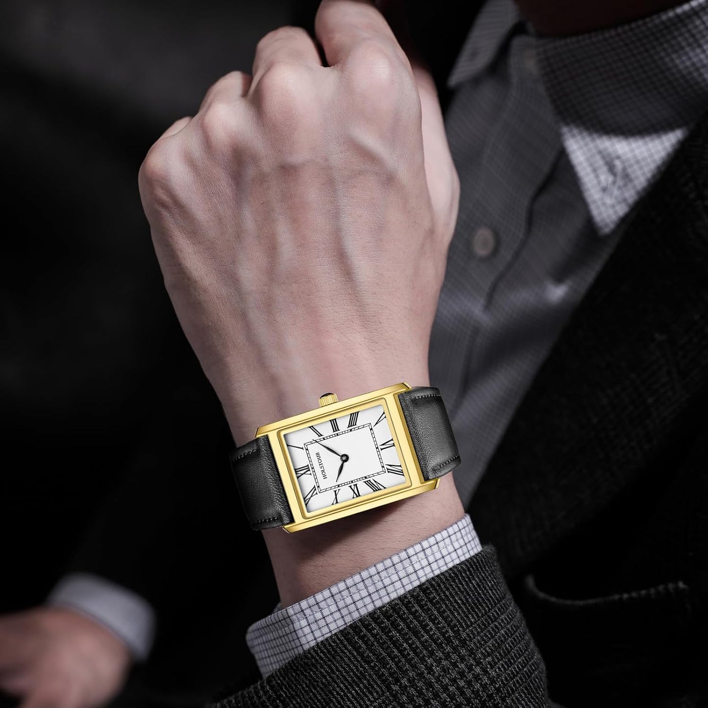HOTHOLSTOUR Watches for Men Business Simple Model Rectangle Roman Numerals Case Water Resistant with Leather Strap