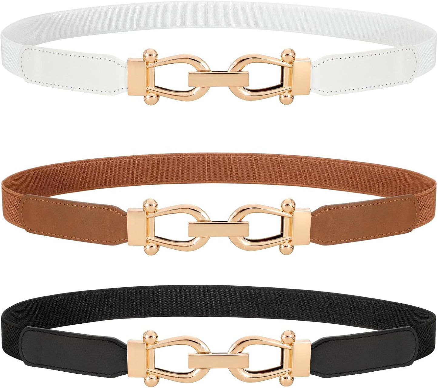HOTWERFORU 3 Pack Women Skinny Elastic Waist Belt Gold Buckle Stretchy Thin Belt for Jeans Dress