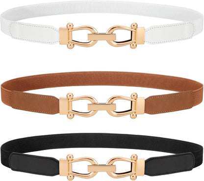 HOTWERFORU 3 Pack Women Skinny Elastic Waist Belt Gold Buckle Stretchy Thin Belt for Jeans Dress
