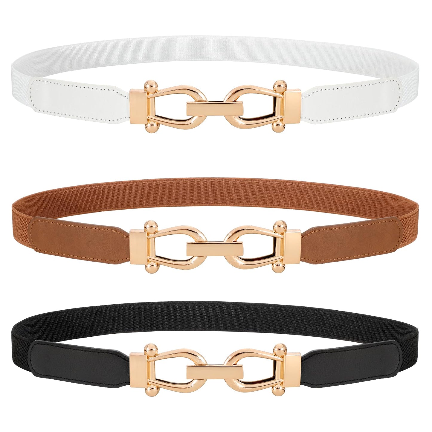 HOTWERFORU 3 Pack Women Skinny Elastic Waist Belt Gold Buckle Stretchy Thin Belt for Jeans Dress
