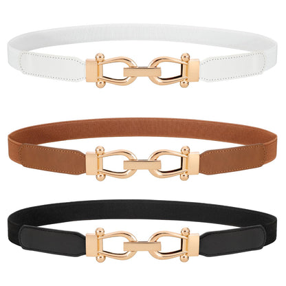HOTWERFORU 3 Pack Women Skinny Elastic Waist Belt Gold Buckle Stretchy Thin Belt for Jeans Dress