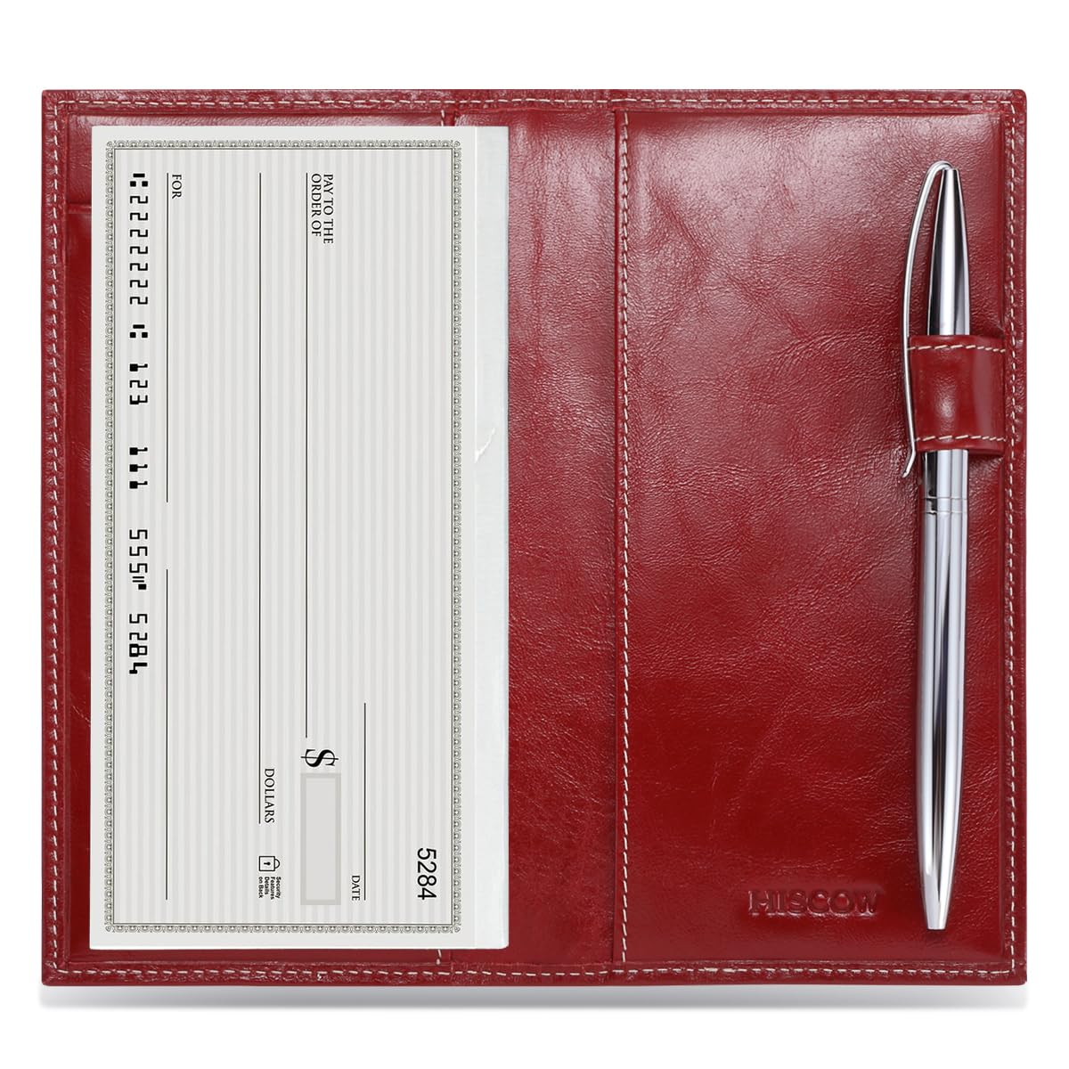 HOTHISCOW Leather Checkbook Cover for Duplicate Checks with Pen Holder | Full grain cowhide, personal check book & register pockets, removable vinyl divider, durable stitching, gifts for women men