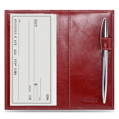 HOTHISCOW Leather Checkbook Cover for Duplicate Checks with Pen Holder | Full grain cowhide, personal check book & register pockets, removable vinyl divider, durable stitching, gifts for women men