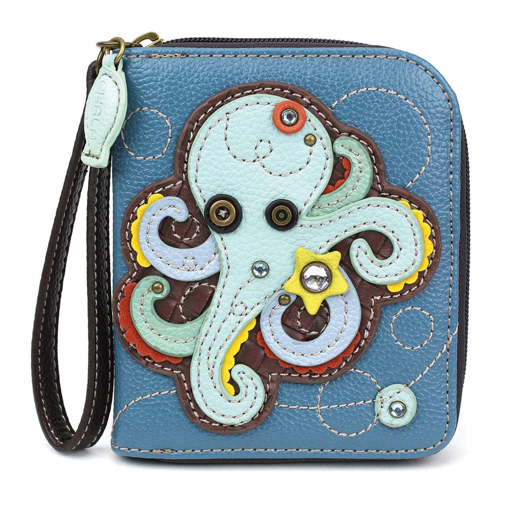 HOTCHALA Zip Around Wallet, Wristlet, 8 Credit Card Slots, Sturdy Pu Leather - Frog - Turquoise