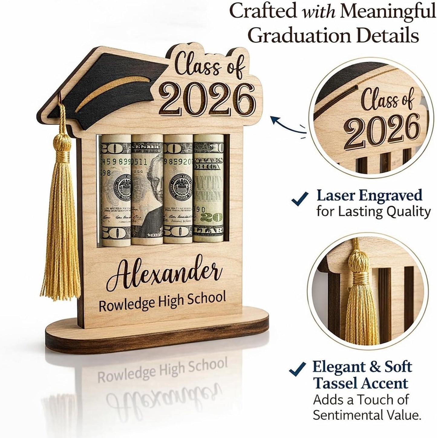 HOTPersonalized Graduation Gifts Class of 2026 Money Holder - Custom Name & School Graduation Money Gift Holder for Him Her, Senior Wooden Cash Display Standing Scroll Holder, Unique Graduate Keepsake