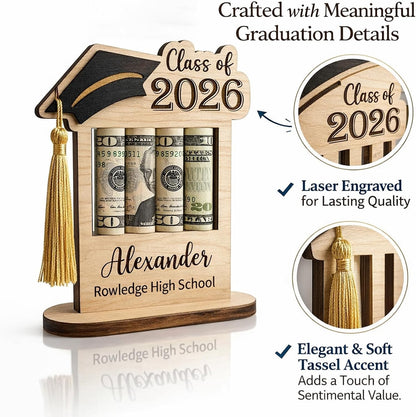 HOTPersonalized Graduation Gifts Class of 2026 Money Holder - Custom Name & School Graduation Money Gift Holder for Him Her, Senior Wooden Cash Display Standing Scroll Holder, Unique Graduate Keepsake