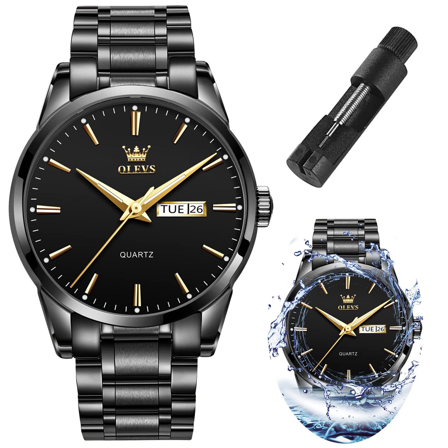 HOTOLEVS Mens Watches Luxury Waterproof Luminous Easy Read Chronograph Watches Full Gold/White Dail/Black Face with Calendar Wrist Watches