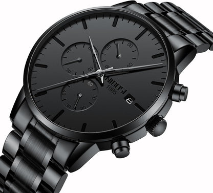 HOTNIBOSI Men's Analog Chronograph Watch, Minimalist Black Dial with Date | Waterproof Stainless Steel Strap, Business Fashion Casual Quartz Wrist Watches for Men