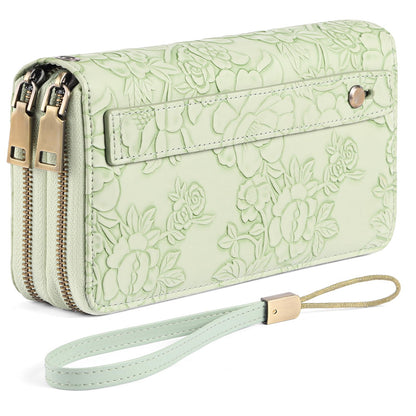 HOTGAEKEAO Wallet for Women Clutch RFID Blocking Wristlet Leather Purse Large Capacity Credit Card Holder with Grip Hand Strap