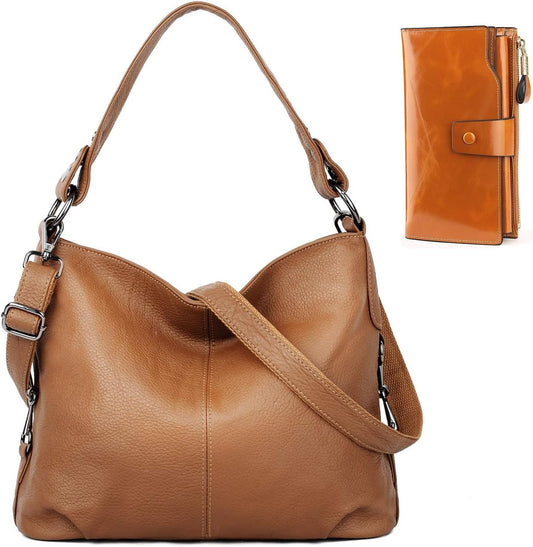 HOTYALUXE Bundle Women's Real Leather Handbags Purses and RFID Protected Card Wallets Brown 1