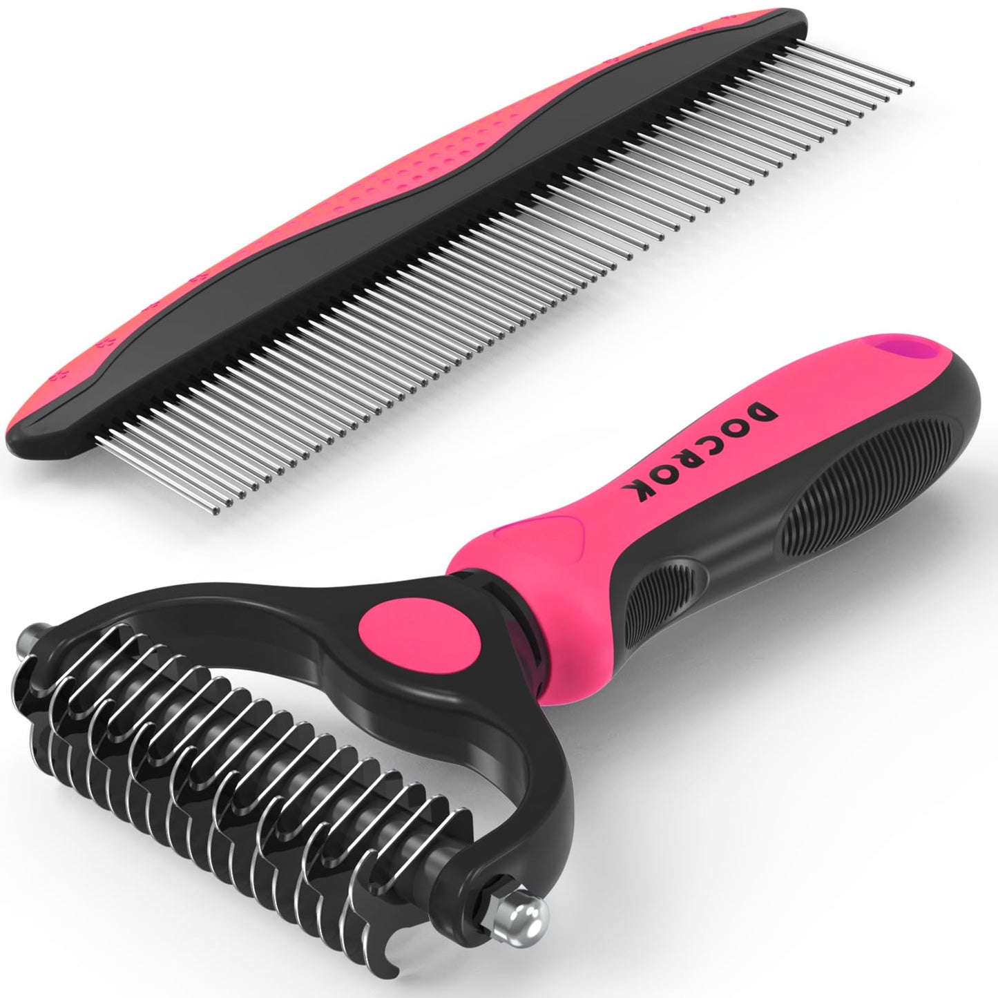 HOTDocrok Pet Grooming Combo - Blue Deshedding Brush with Metal Comb for Detangling and Dematting Long, Matted Fur on Cats and Dogs