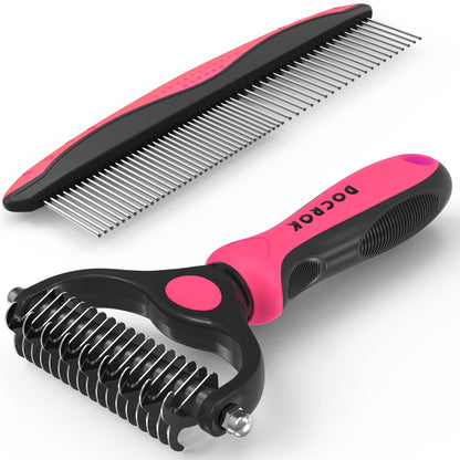 HOTDocrok Pet Grooming Combo - Blue Deshedding Brush with Metal Comb for Detangling and Dematting Long, Matted Fur on Cats and Dogs