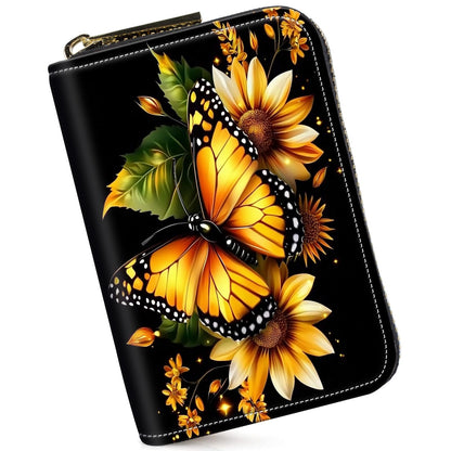 HOTCredit Card Holder for Women Men,RFID Blocking Small Card Case Wallet with Zipper,Leather Pocket Business Card Accordion Wallet-Green Dragonfly