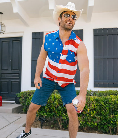 HOTTipsy Elves 4th of July Sleeveless American Flag Button Down Patriotic Shirt for Men - Men's USA Button Up Shirts for Men