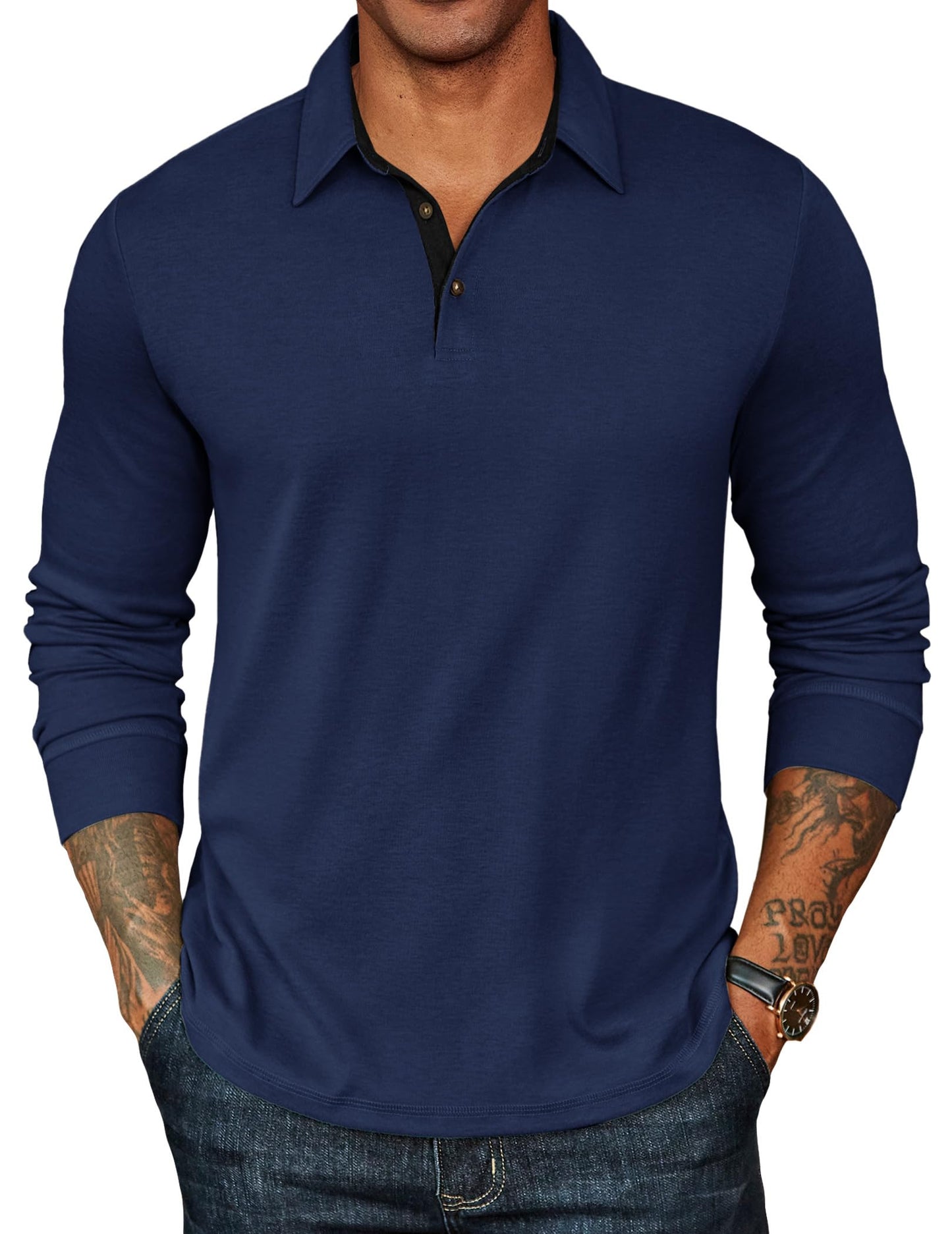 HOTCOOFANDY Mens Long Sleeve Polo Shirts Classic CasualButton Collared PoloTee