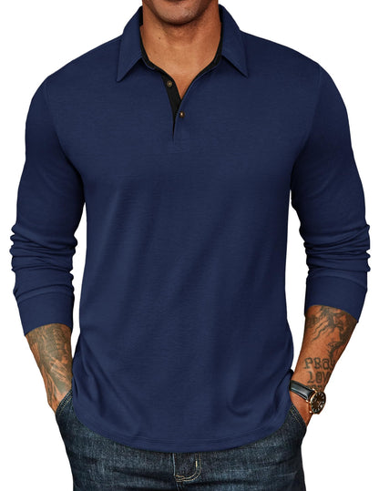 HOTCOOFANDY Mens Long Sleeve Polo Shirts Classic CasualButton Collared PoloTee