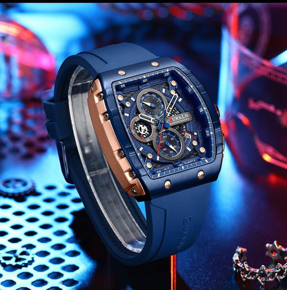 HOTPASOY Men's Chronograph Watch, Big Face, Tonneau Case, Rubber Strap | 47mm analog quartz watch, working chronograph with 1/10-second, second and minute subdials, date, stainless steel case