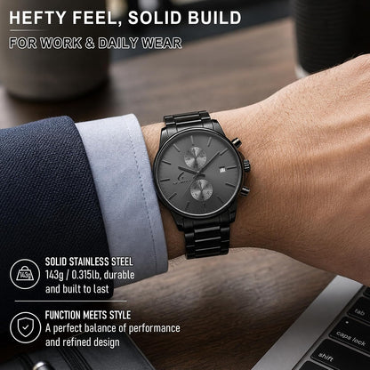 HOTStylish Stainless Steel Men's Watches with Functional Chronograph Subdials | Analog Waterproof Watches for Men, Solid Feel, Auto Date, 60-Second & 1/10-Second Timers, Gifts for Men Dad Husband Boyfriend