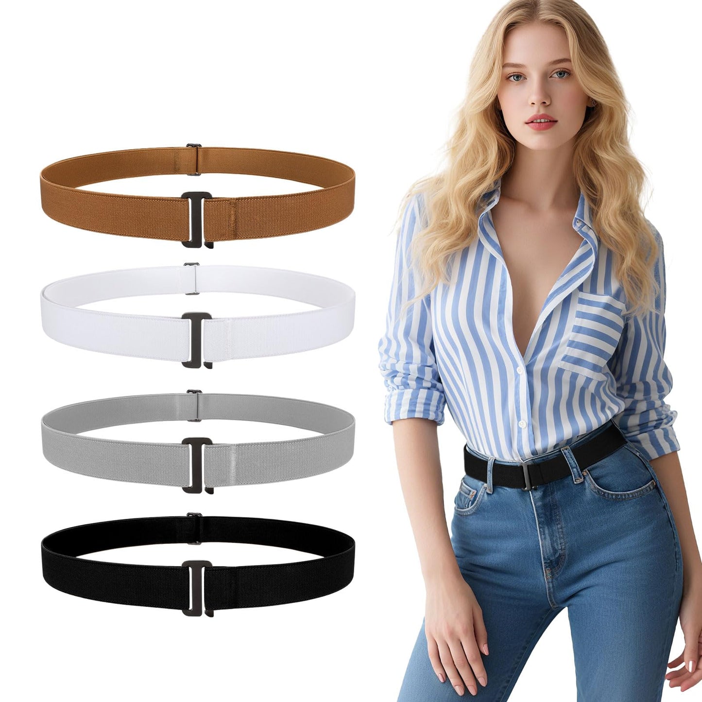 HOTJASGOOD 3/4/5/6 Pack No Show Stretch Belts for Women Invisible Elastic Belt for Jeans Pants Shirt Sweater Tuck Band