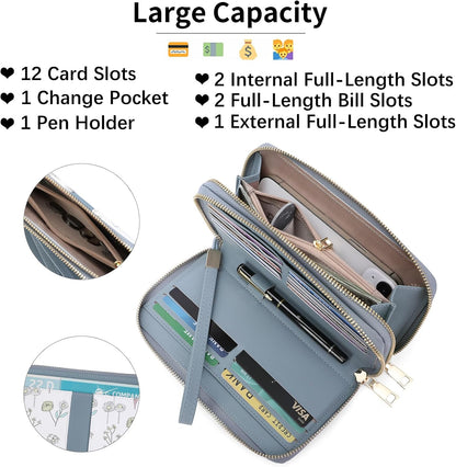 HOTSENDEFN Wallets for Women Double Zip Pocket RFID Blocking Vegan Leather Card Holder Ladies Large Capacity Wristlet Clutch