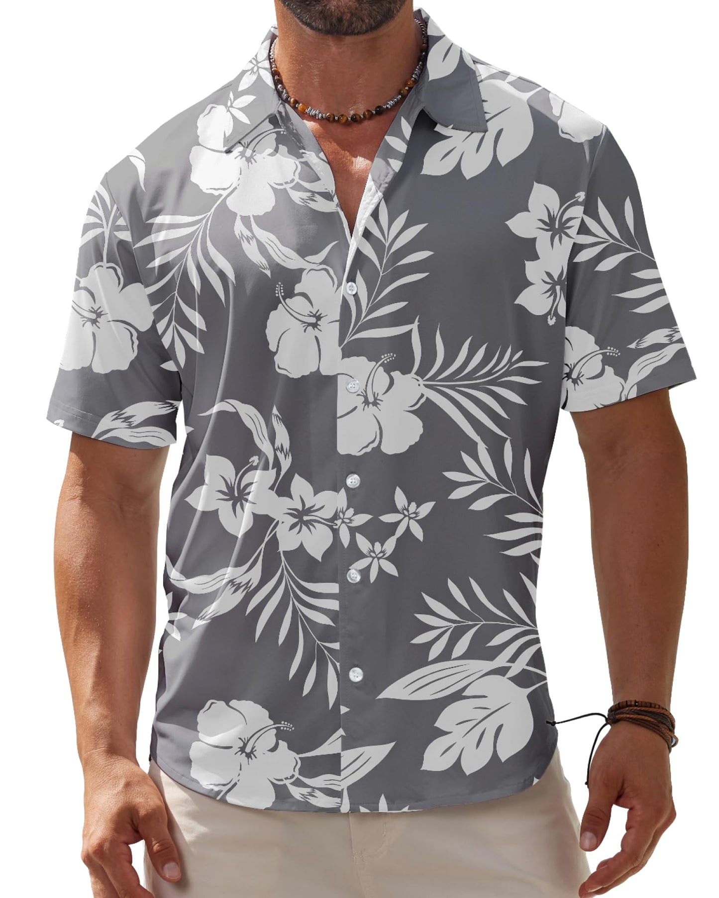 HOTBOJIN Men's Hawaiian Wrinkle Free Short Sleeve Button Down Tropical Floral Beach Vacation Shirt