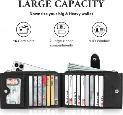 HOTTravelambo Womens Leather Bifold Wallet, Slim RFID Blocking Card Holder | Large Capacity, 16 Card Slots & ID Window, 2 Zipper Pockets, Dual Snap Closure, Slim Lightweight, RFID Privacy Protection