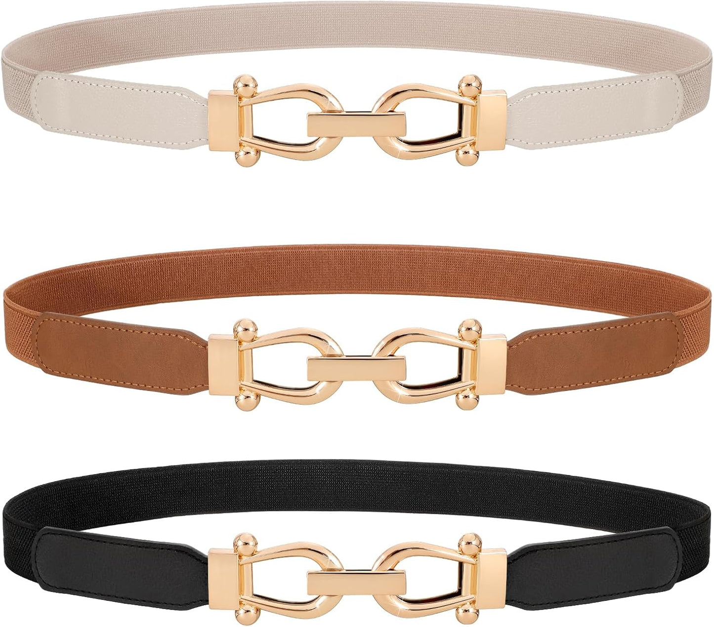HOTWERFORU 3 Pack Women Skinny Elastic Waist Belt Gold Buckle Stretchy Thin Belt for Jeans Dress