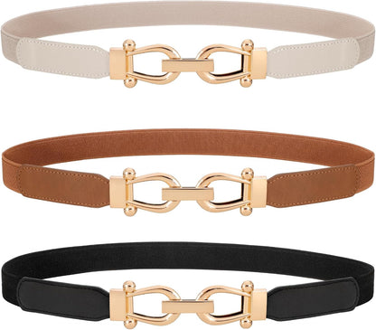 HOTWERFORU 3 Pack Women Skinny Elastic Waist Belt Gold Buckle Stretchy Thin Belt for Jeans Dress