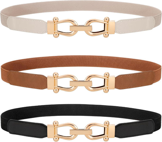 HOTWERFORU 3 Pack Women Skinny Elastic Waist Belt Gold Buckle Stretchy Thin Belt for Jeans Dress