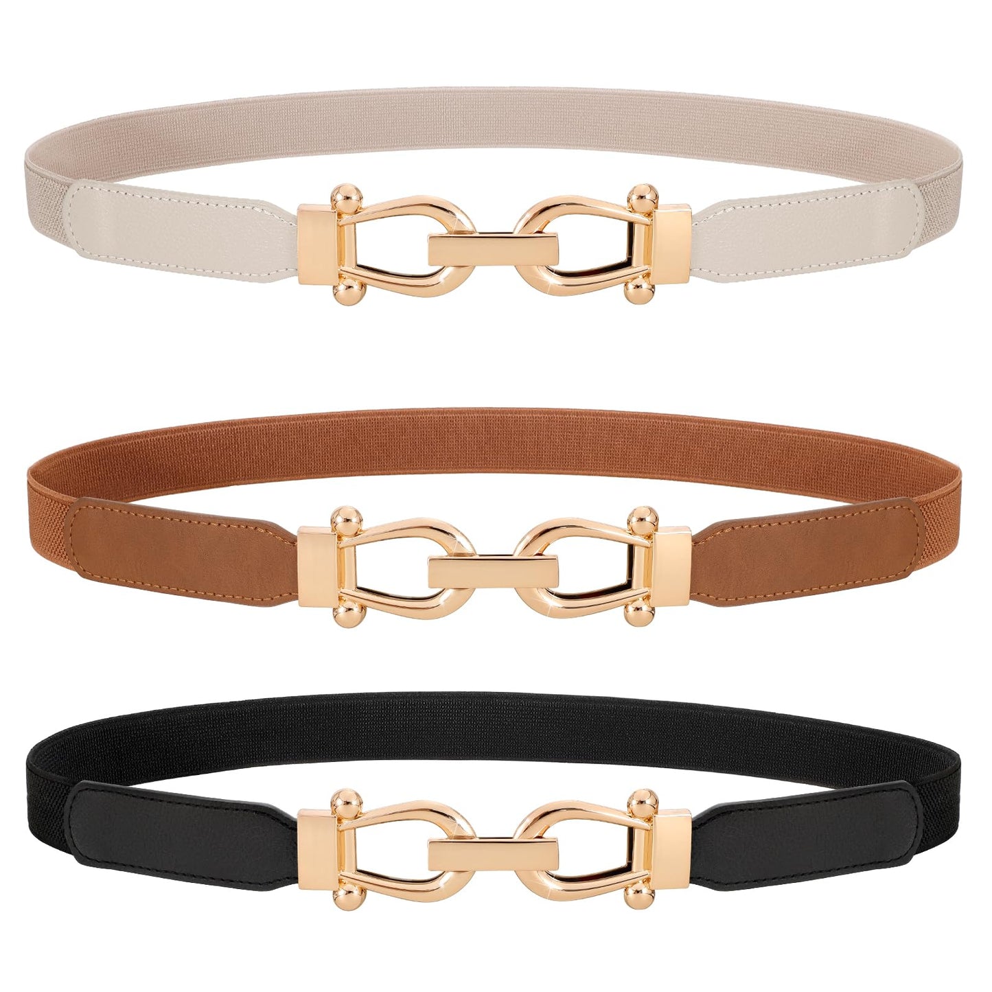 HOTWERFORU 3 Pack Women Skinny Elastic Waist Belt Gold Buckle Stretchy Thin Belt for Jeans Dress