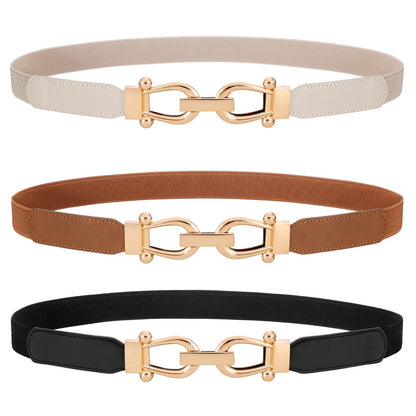 HOTWERFORU 3 Pack Women Skinny Elastic Waist Belt Gold Buckle Stretchy Thin Belt for Jeans Dress