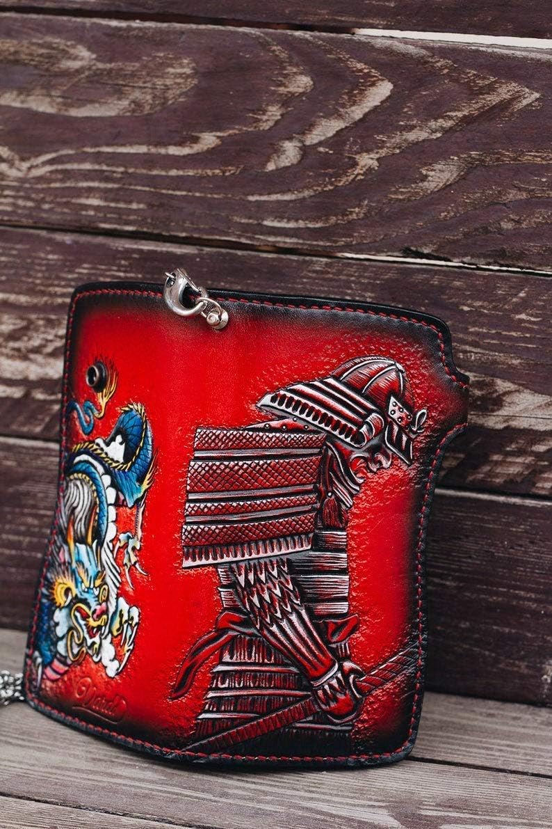 HOTMen's 3D Genuine Leather Wallet, Long wallet, Biker wallet, Hand-Carved, Hand-Painted, Leather Carving, Custom wallet, Personalized wallet, Samurai, Katana, Shogun, Japan Emperor, Skull, Skeleton