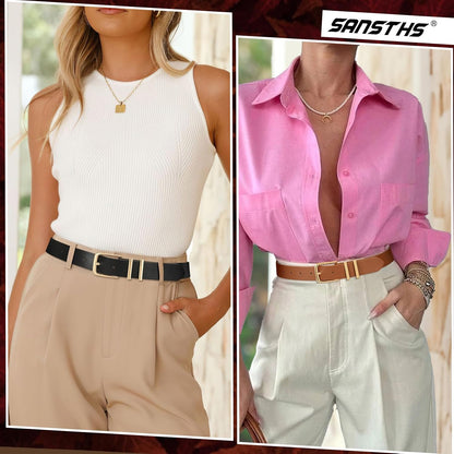 HOTSANSTHS 2 Pack Women Belt for Jeans Pants, Simple Fashion Ladies Waist Belt with Gold Buckle, 1inch Width