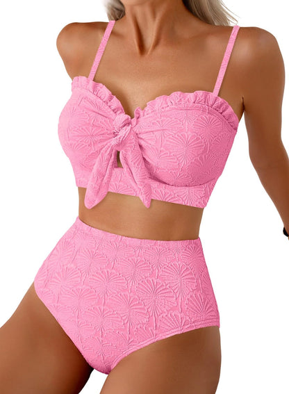 HOTHerseas Women's Seashell Textured Bikini Sets Knotted Front 2 Piece Swimsuits Ruffle Trim Bathing Suits