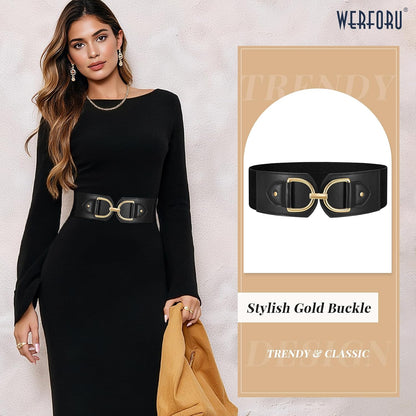 HOTWERFORU Women Elastic Wide Waist Belts for Dresses Fashion Wide Stretchy Belts for Women Big Gold Buckle Thick Dress Belt