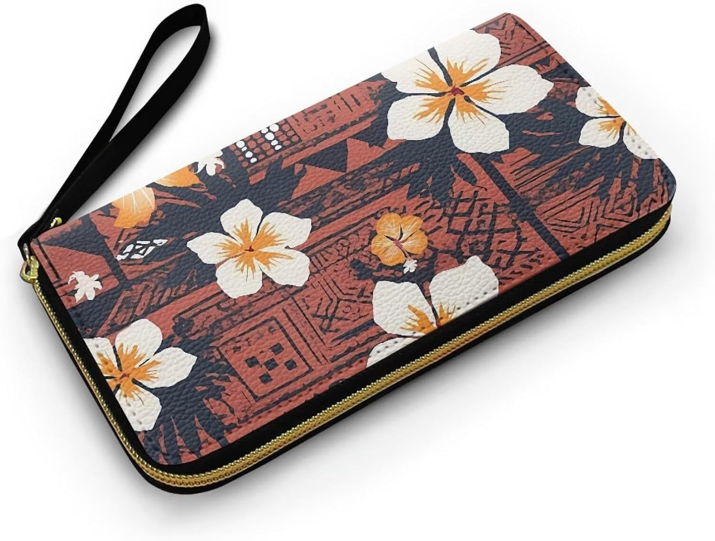 HOTHawaii Totem Flowers PU Leather Ladies Wallet Wristlet, Tropical Hawaiian Tiki Art Zip Around Wallets for Women, Brown Large Capacity Card Holder Organizer