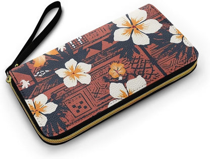 HOTHawaii Totem Flowers PU Leather Ladies Wallet Wristlet, Tropical Hawaiian Tiki Art Zip Around Wallets for Women, Brown Large Capacity Card Holder Organizer