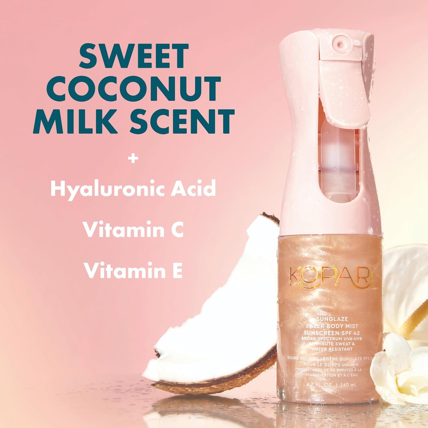 HOTKopari Rose Gold Sunglaze Sheer Body Mist Sunscreen SPF 42, Infused with Shimmering Body Oil, Hydrating Mist, Hydrates, Brightens, Makeup Friendly, Gives Skin a Glowy Finish, Lightweight,