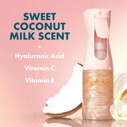 HOTKopari Rose Gold Sunglaze Sheer Body Mist Sunscreen SPF 42, Infused with Shimmering Body Oil, Hydrating Mist, Hydrates, Brightens, Makeup Friendly, Gives Skin a Glowy Finish, Lightweight,