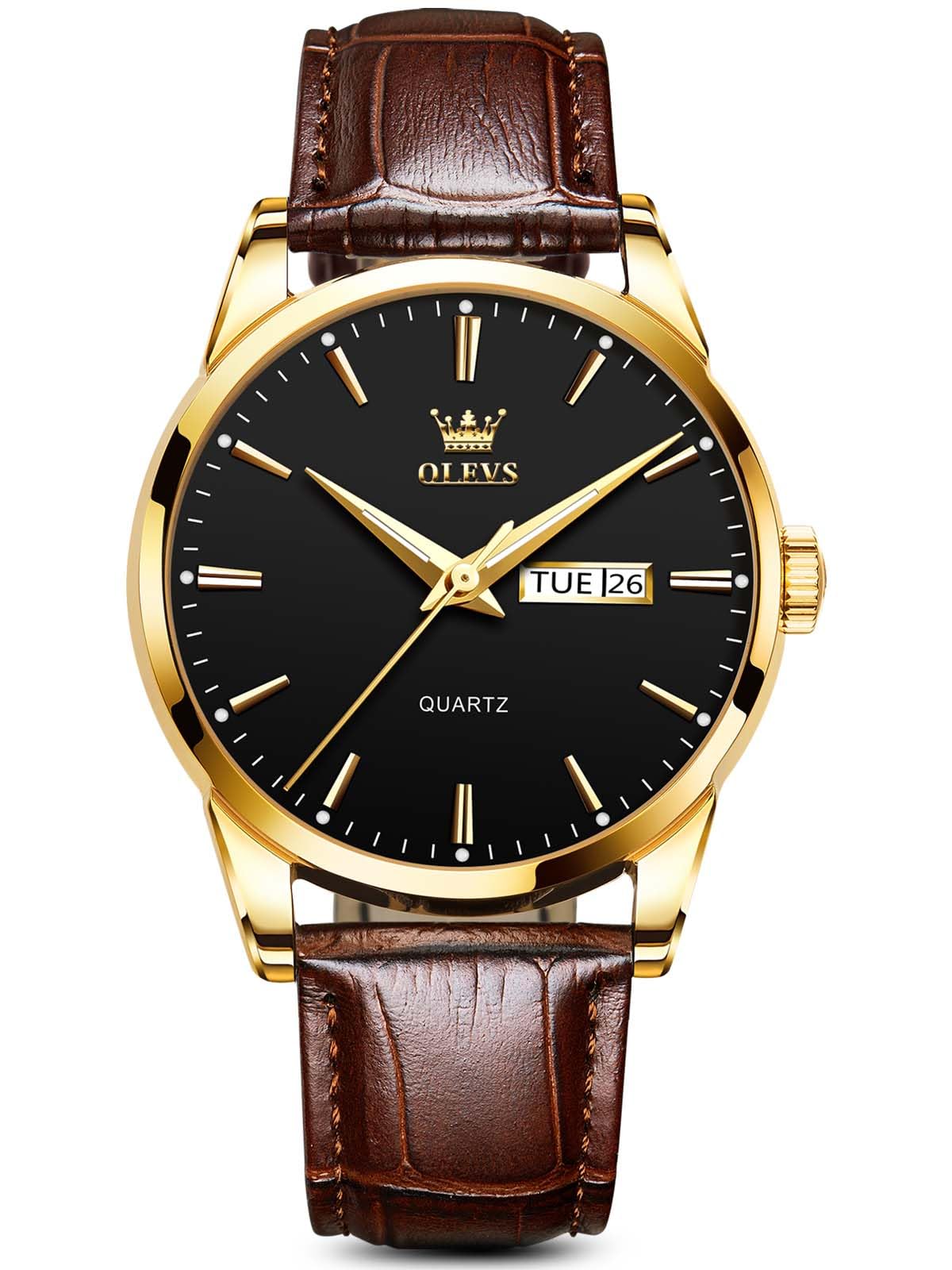 HOTOLEVS Mens Watch Brown Leather Band Dress Watch for Men Quartz Waterproof Men's Wrist Watch 38MM Gold Case Easy to Read Day Date Business Casual Men Watches Gifts for Him Relojes para Hombres