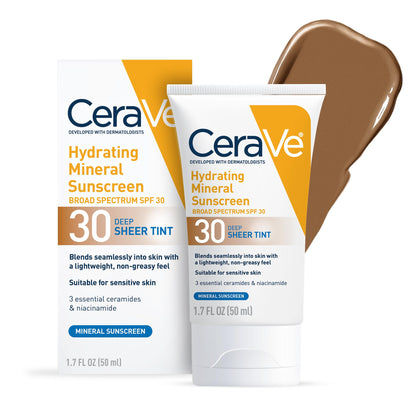 HOTCeraVe Hydrating Mineral Sunscreen SPF 30 with Sheer Tint, Tinted Mineral Sunscreen with Zinc Oxide & Titanium Dioxide, Blends Seamlessly For Healthy Glow, Medium, 1.7 Fluid Ounce