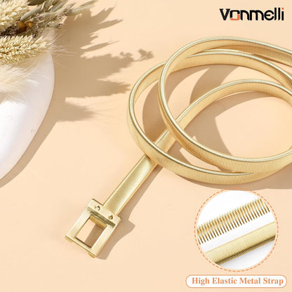 HOTVONMELLI Women's Skinny Metal Cinch Belt for Dress Stretch Thin Waist Belt Gold/Sliver Elastic Belts