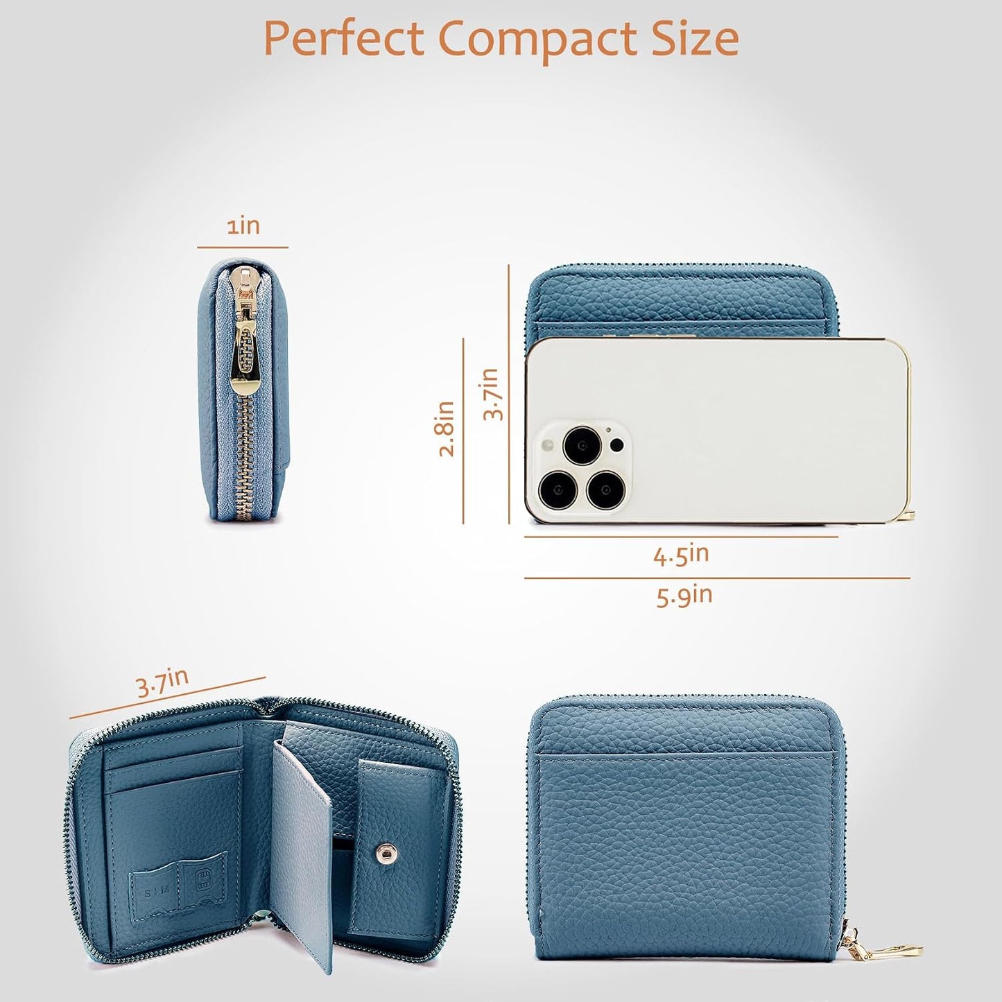 HOTSmall Leather Travel Wallet for Women, RFID Blocking Zip Around | Minimallist Wallet with Coin Purse & Card Slots, Compact Casual Wallet for Women's Travel and Gift Box Ready (Navy Blue)
